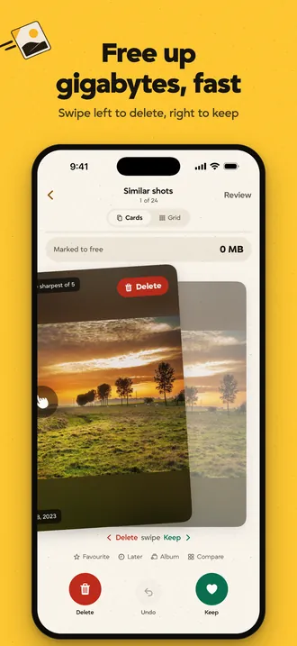 Free up gigabytes, fast: swipe left to delete, right to keep.